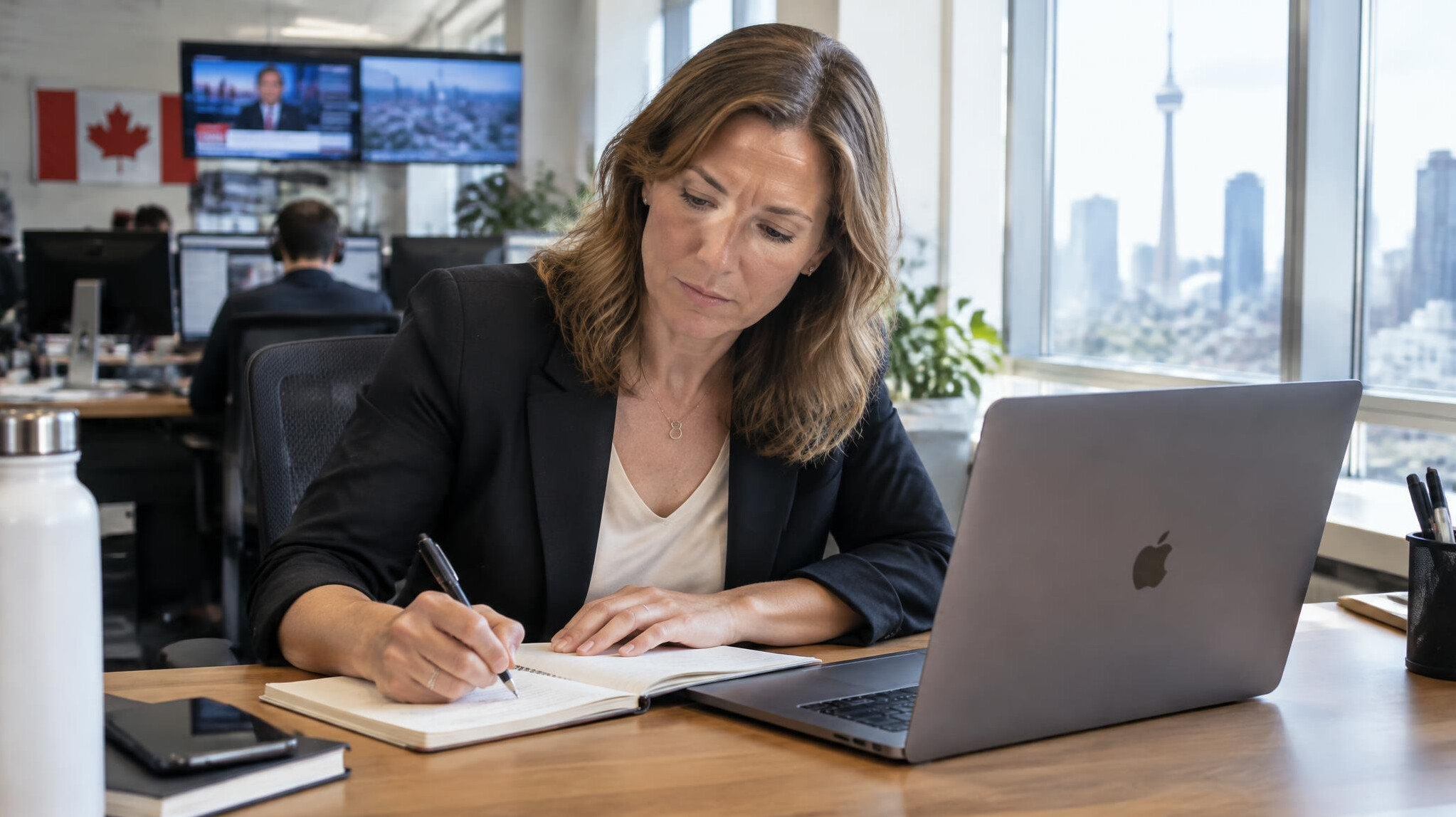 Journalist writing notes at a desk with a laptop and notebook
