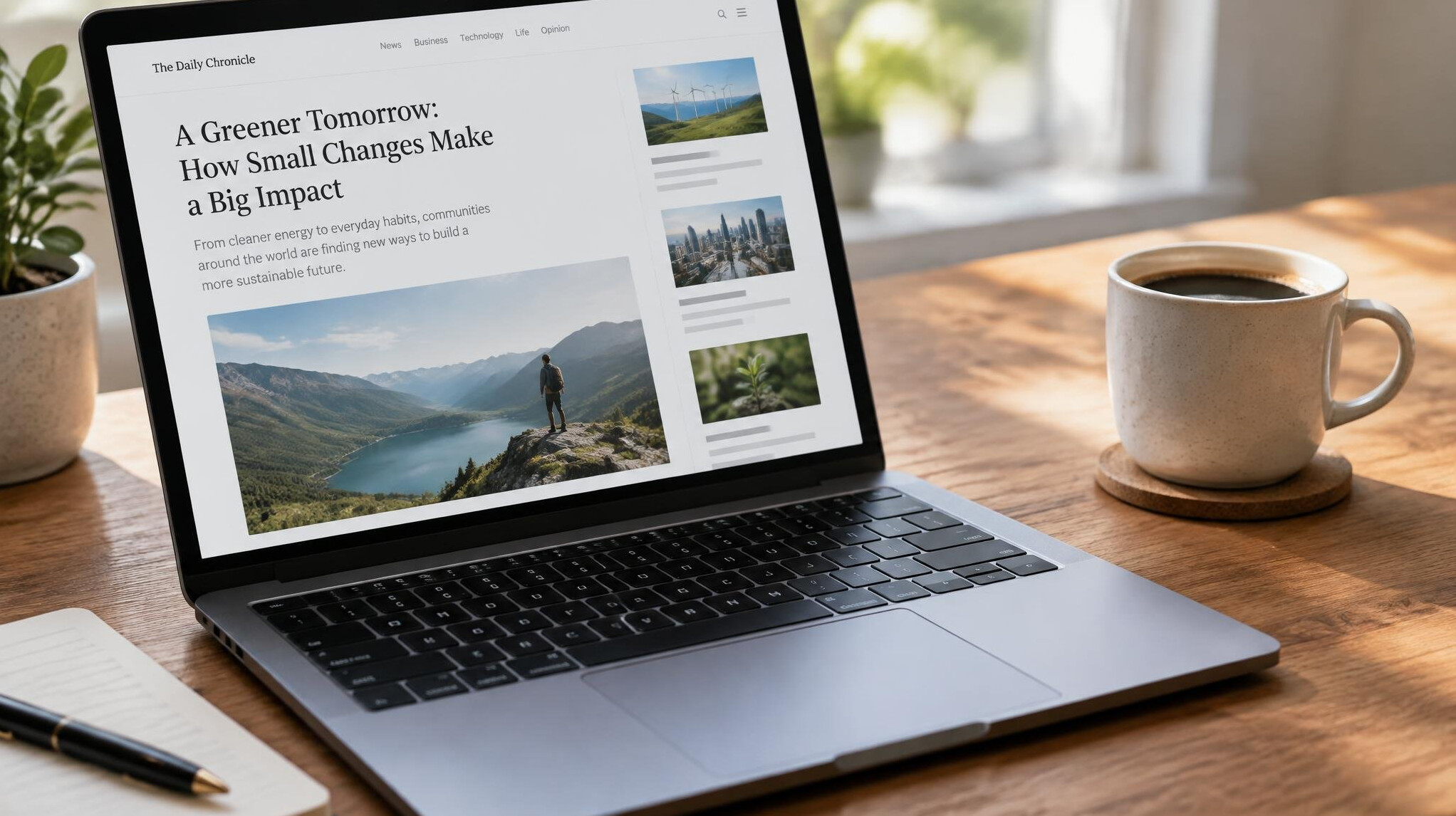 Open laptop on a desk displaying a news article layout
