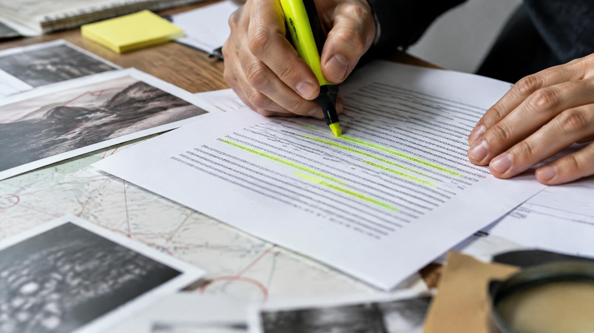Close up of hands reviewing printed documents with a highlighter